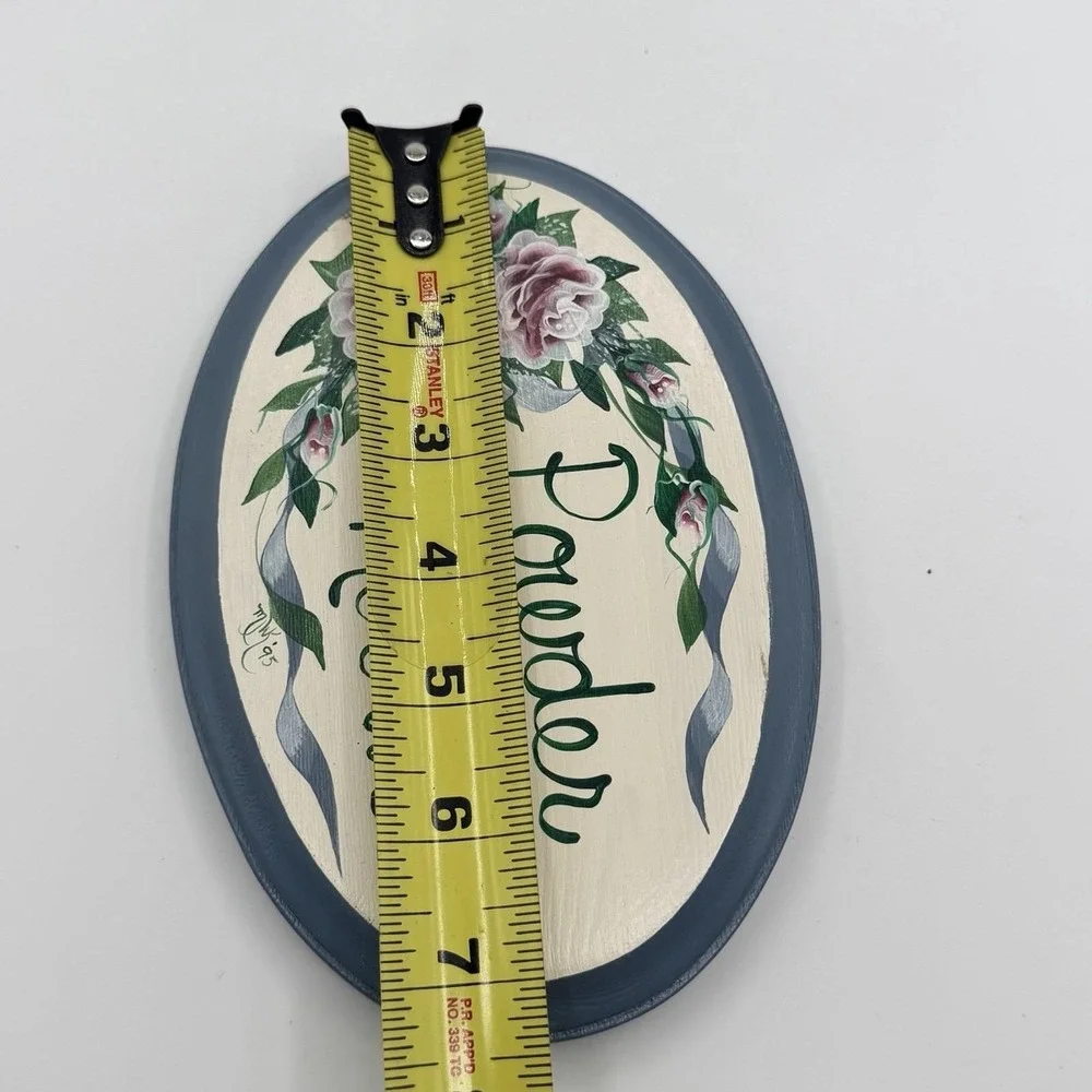 Vintage 80's Blue Country Bathroom Sign Hand Painted Floral Cottage Granny Core
